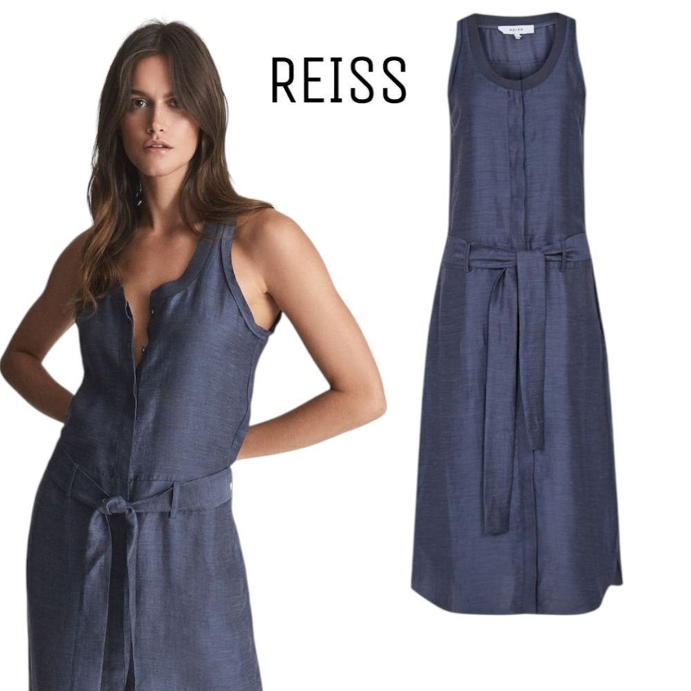 Reiss Hemp Linen Sleeveless Drop WaistShirt Midi Dress Navy  Size Small